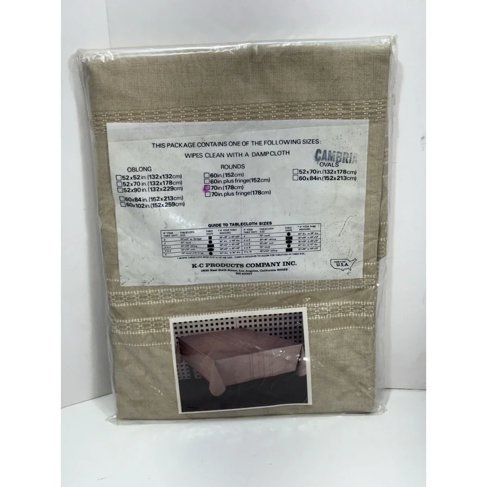 K C VINYL FLANNEL Back  TABLECLOTH Beige  Round 70'' Vintage NEW USA Made‎